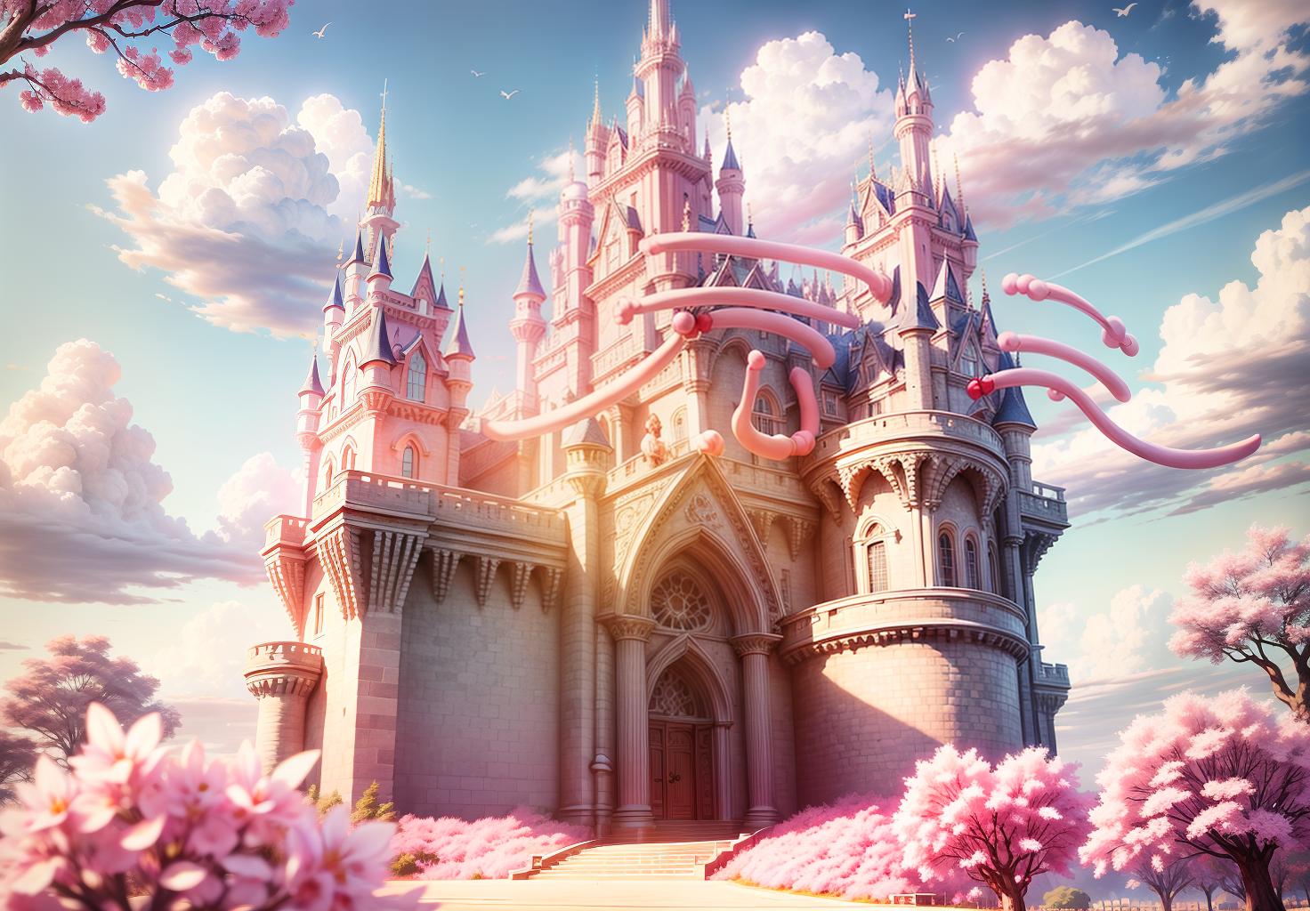  (front view:1.5),mid shot,romantic,mhxy,cloud,scenery,sky,outdoors,no humans,tree,blue sky,day,bird,bridge,cloudy sky,fantasy,cherry blossoms,cityscape,building,(pink disney castle),8k,best picture quality,blender,camera 4d,octance rendering,supplementary picture,(fairytale)