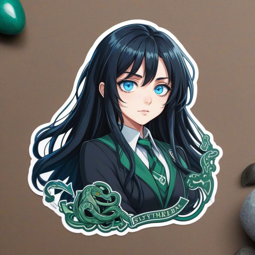  anime artwork girl, long black hair, blue eyes, slytherin shape, sticker . anime style, key visual, vibrant, studio anime, highly detailed