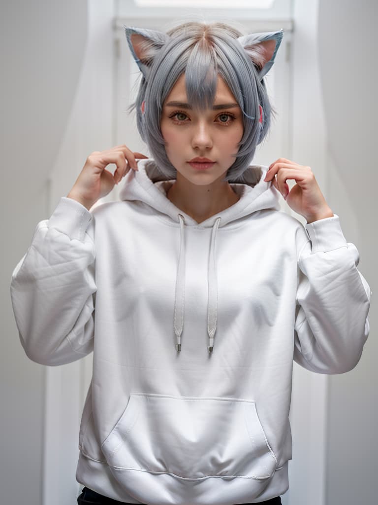  gray hair, cat ears, girls, white hoodies, short hair, masterpiece, best quality,8k,ultra detailed,high resolution,an extremely delicate and beautiful,hyper detail