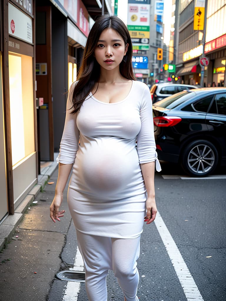  A pregnant woman walking on the streets, (Masterpiece, BestQuality:1.3), (ultra detailed:1.2), (hyperrealistic:1.3), (RAW photo:1.2),High detail RAW color photo, professional photograph, (Photorealistic:1.4), (realistic:1.4), ,professional lighting, (japanese), beautiful face, (realistic face)
