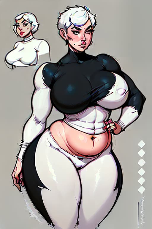  in full growth, beautiful , heavy and fat, like a woman, big stomach, in , white short hair, tight fitting clothes on the stomach, concept art, ilrative, in color, digital artwork, highly detailed., character sheet, concept design, contrast, style by kim jung gi, zabrocki, karlkka, jayison devadas, trending on artstation, 8k, ultra wide angle, pincushion lens effect