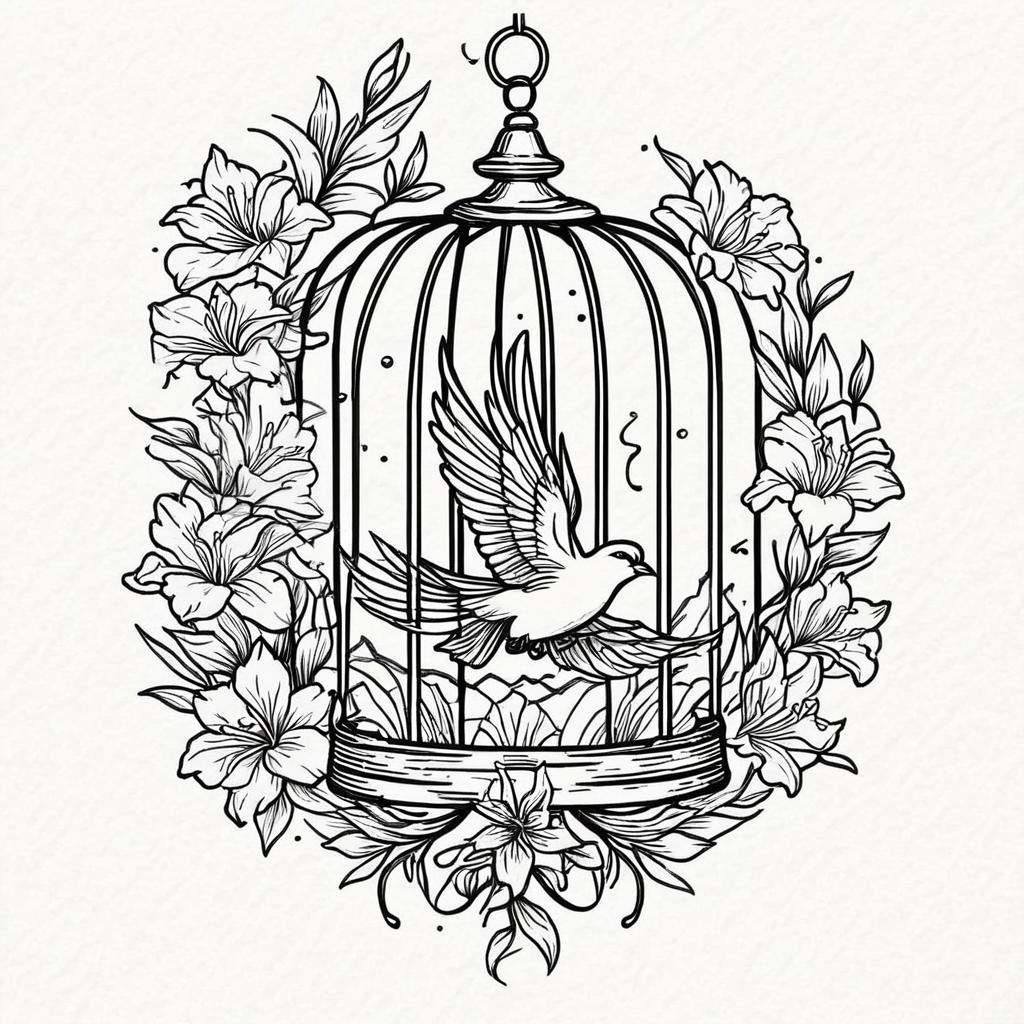  phoenix escaping a bird cage surrounded by lillies and carnations,(tattoo), tattoo design