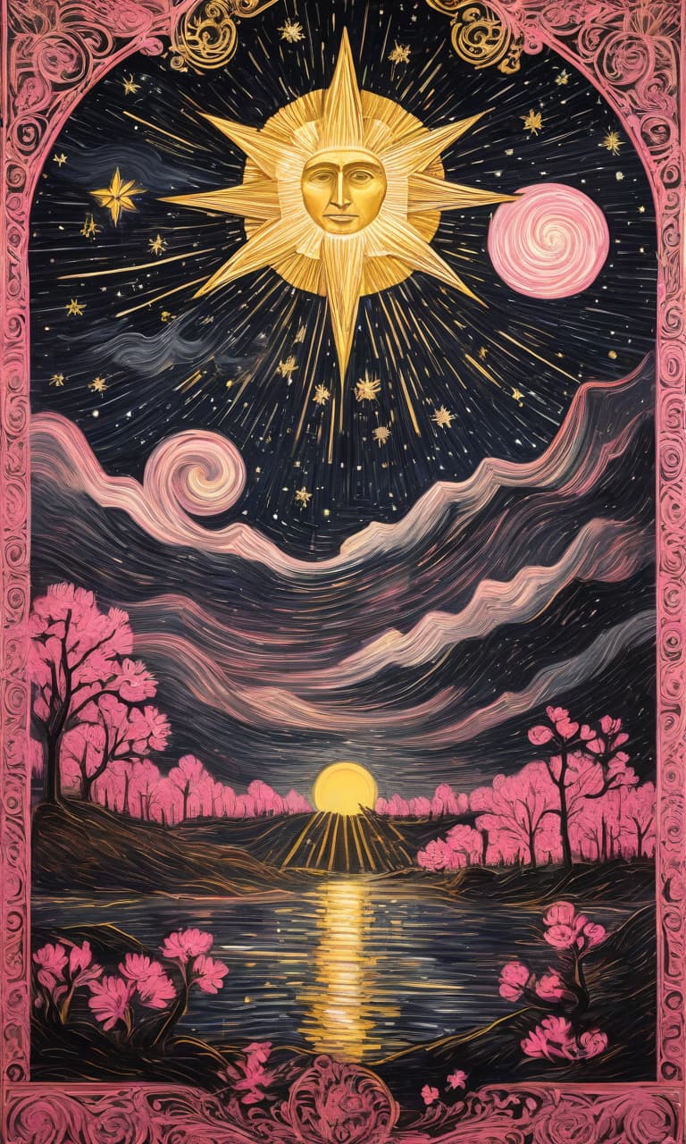  concept art tarot color pink, white, black, gold star of the painting starry night of van gogh . digital artwork, illustrative, painterly, matte painting, highly detailed, perfect hands