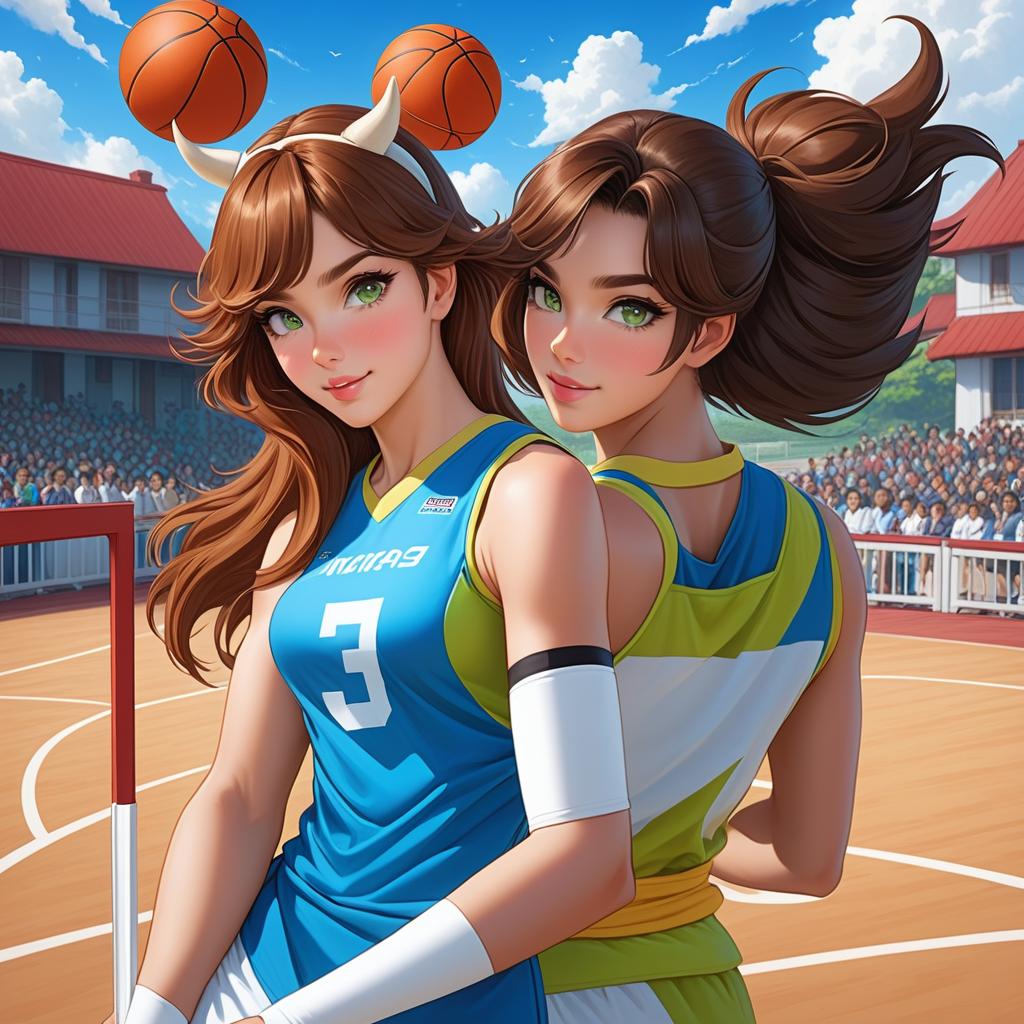  anime art very beautiful, holstaur , whit and brown skin woman, vitiligo, green eyes, brown hair with white framing highlights, long hair, has cow horns , has cow ears, has cow tails, thin lips, flat eyebrows, delicate nose, square shaped face, large , , blue and white basket ball jersey, basketball court., award winning, professional, highly detailed, masterpiece