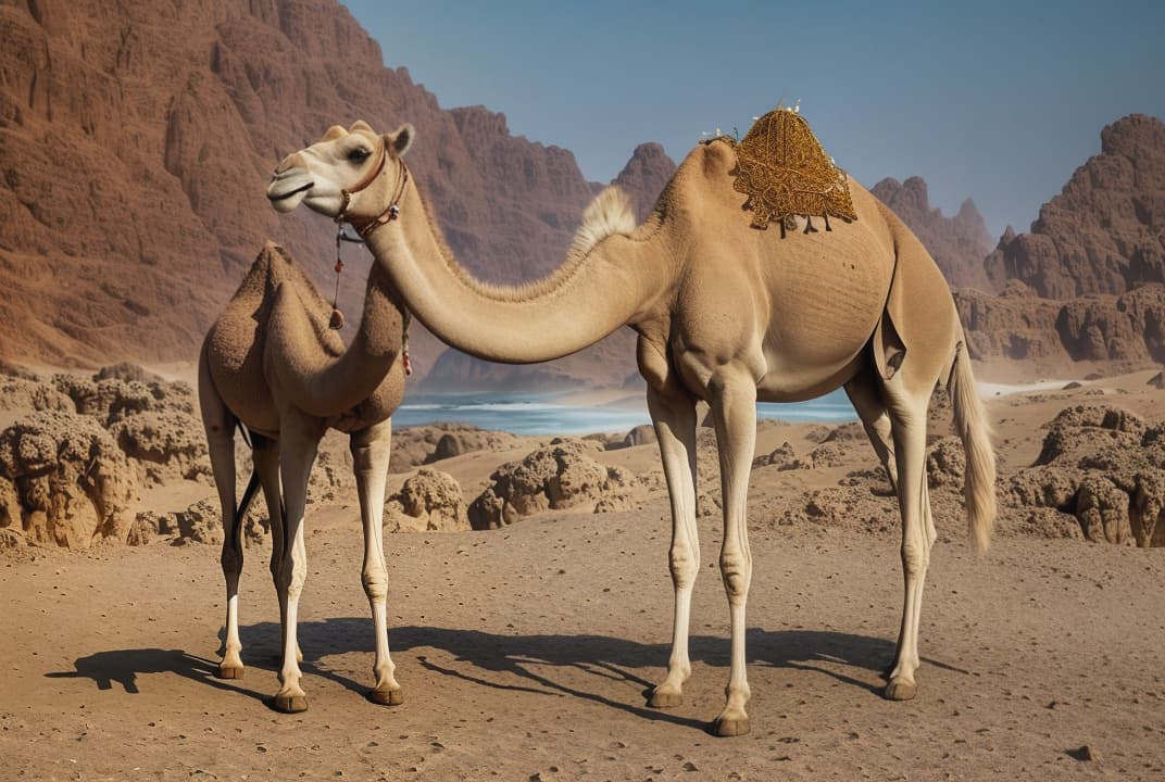  the camel is standing near the sea. hyperrealistic, full body, detailed clothing, highly detailed, cinematic lighting, stunningly beautiful, intricate, sharp focus, f/1. 8, 85mm, (centered image composition), (professionally color graded), ((bright soft diffused light)), volumetric fog, trending on instagram, trending on tumblr, HDR 4K, 8K