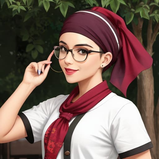  Female, shaved head, wearing pirate bandana, short sleeves, small glasses, thin smile, background park, pop.
