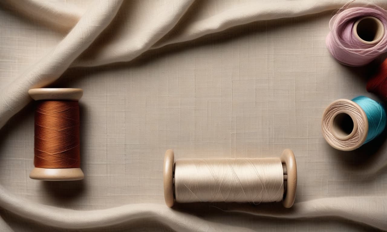  realistic photograph, top view, {natural linen fabric with soft folds, ((two spools)) of sewing thread lie ((on the right side)) of the frame}. soft diffused daylight. the spools of thread are realistic and have the correct shape.