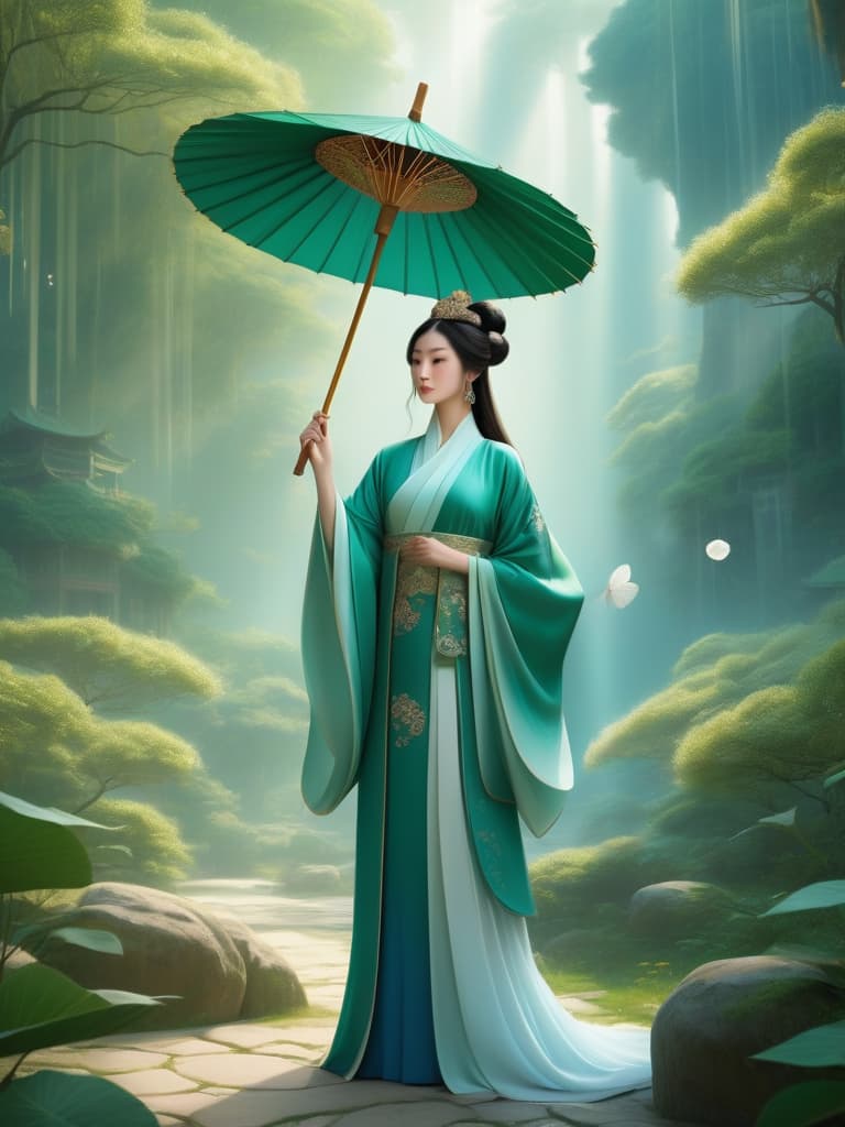  a male and female character stand in a dream like natural setting. the male character is dressed in a deep green ancient chinese style robe, adorned with intricate headwear, and holding a delicate circular paper umbrella. the female character wears a flowing white gown, a crown on her head, and also holds a paper umbrella. surrounding them are fluttering petals and twinkling light spots, creating a mysterious and surreal atmosphere. the scene is rich in color, dominated by light blues and whites, emphasizing light and detail, and reflecting the style of eastern fantasy aesthetics."