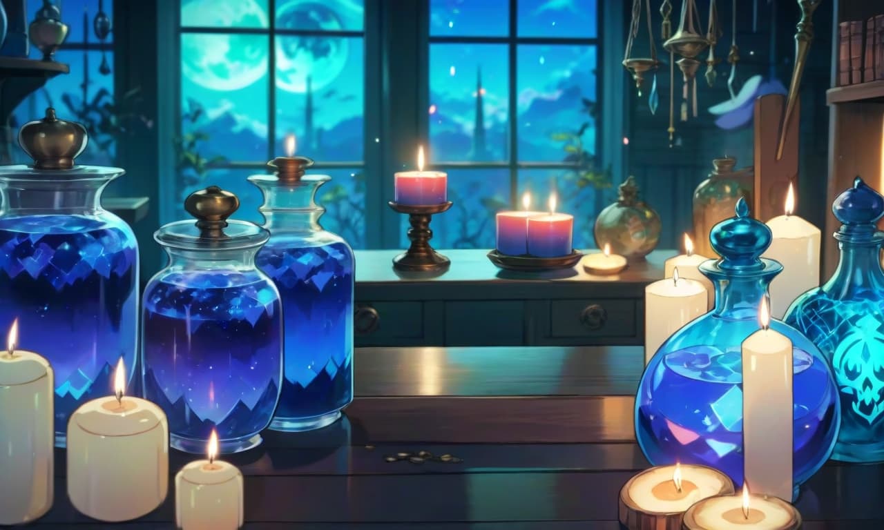  anime artwork the witch's alchemical table. blue hues. gloomy atmosphere. view horizontally . anime style, key visual, vibrant, studio anime, highly detailed