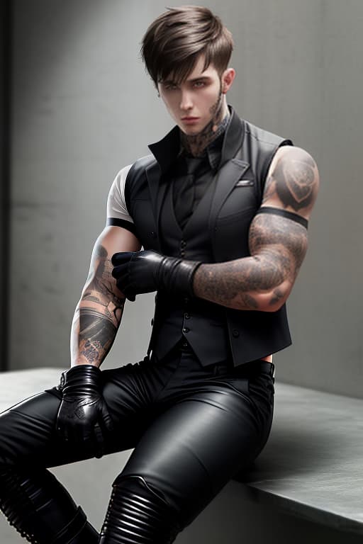  brunette guy, short hair, tattoos on his arms, vest, gloves. black pants, boots. agent