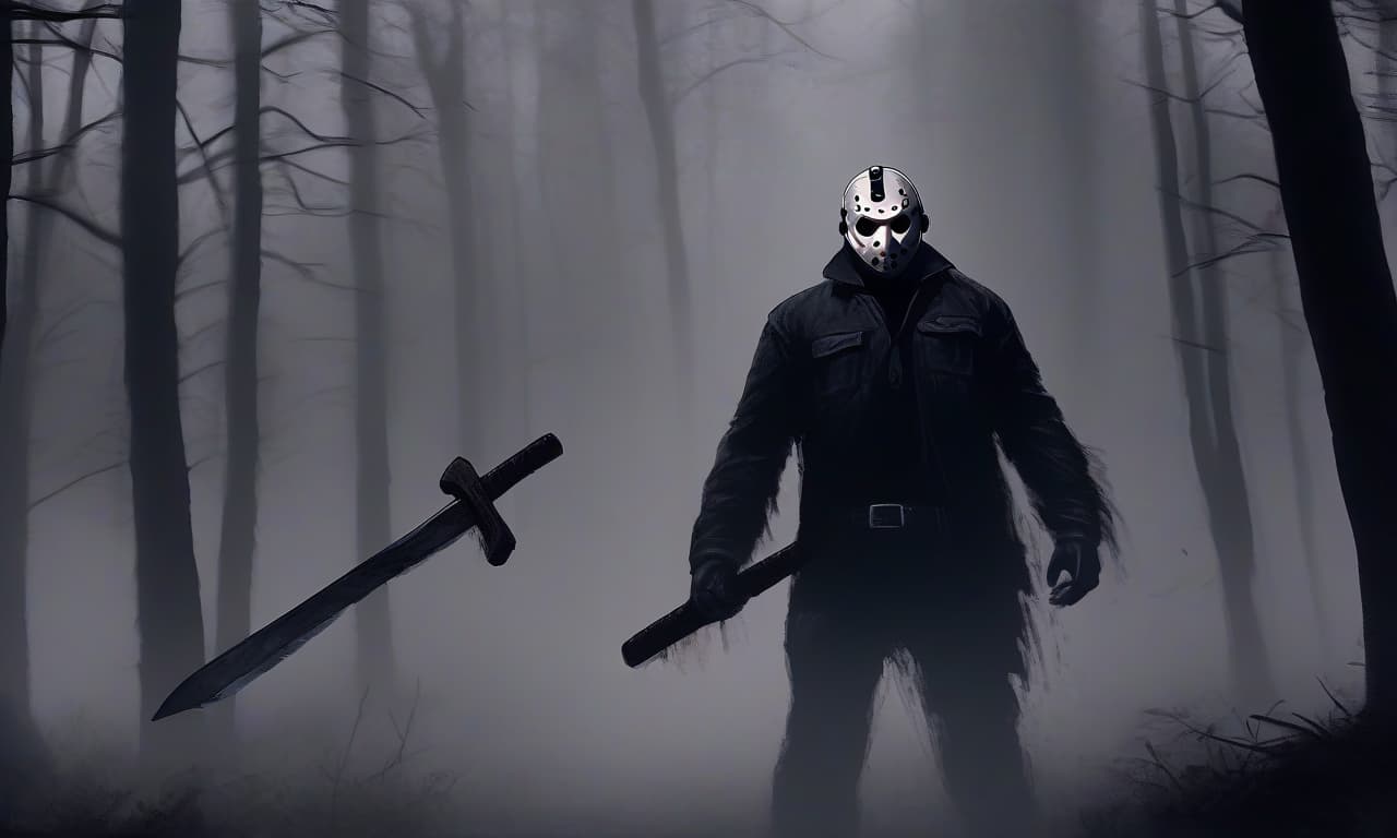  horror themed jason voorhees is walking through the woods in thick fog. he is wearing a black jacket and black pants. he has a machete in his hand . eerie, unsettling, dark, spooky, suspenseful, grim, highly detailed