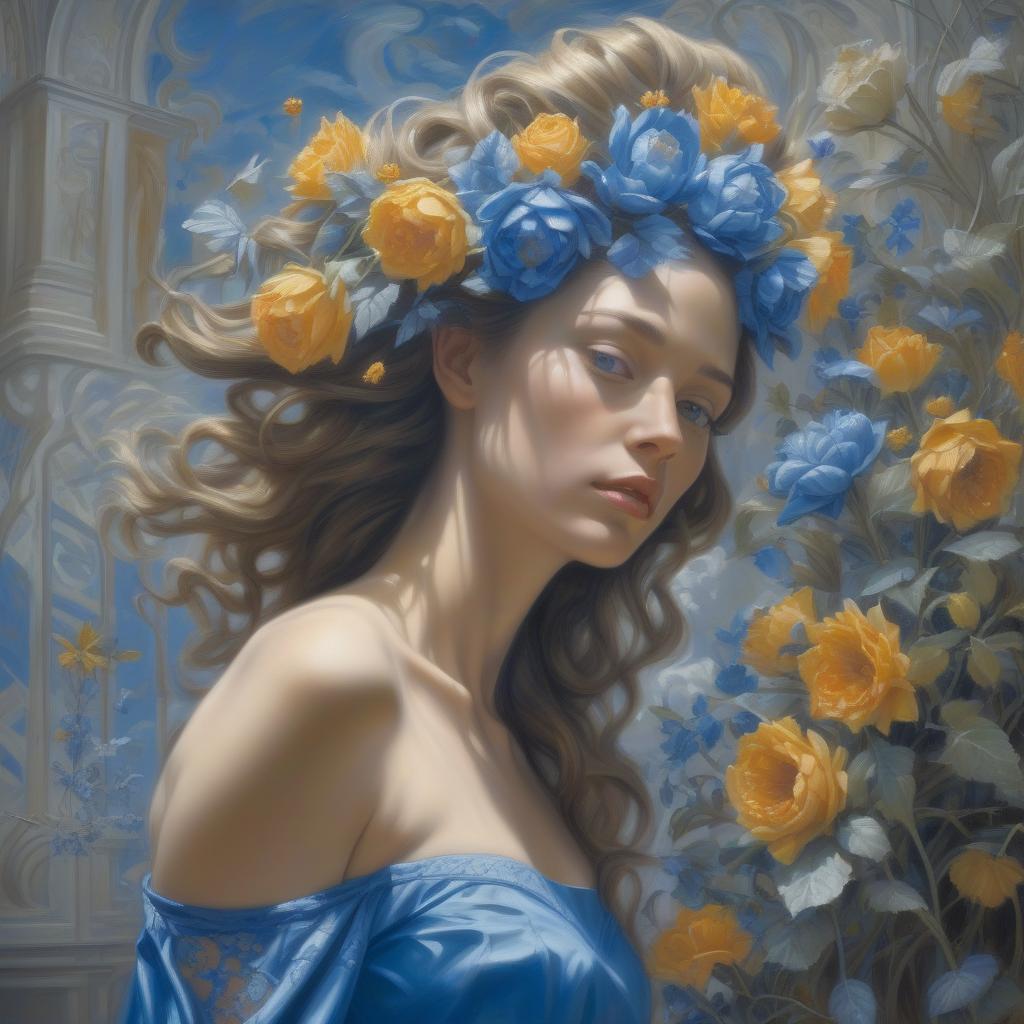  surrealist art <mymodel> a painting of a woman with flowers in her hair and a blue dress donato giancola, figurative art, extremely detailed oil painting, a hyperrealistic painting . dreamlike, mysterious, provocative, symbolic, intricate, detailed