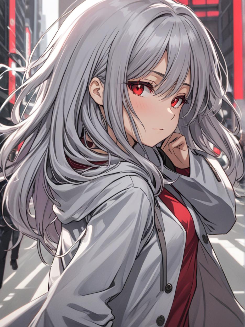  manga artwork manga art style, a strong woman, silver long hair, covering her face. she has deep, beautiful red eyes that are very prominent, white eyelashes that are very prominent in the eyes. she wears dark dress pants. a red shirt with buttons on the front seam, two thin belts under the bust. a light gray lab coat on the shoulders. a very strong and slender body, his strong abdomen shows in the red shirt. the background is a futuristic area where people practice combat in the background. she has a cup of coffee in her hands. well highlighted eyes with white eyelashes details, 8k.. manga artist. manga, highly emotional. best quality, high resolution