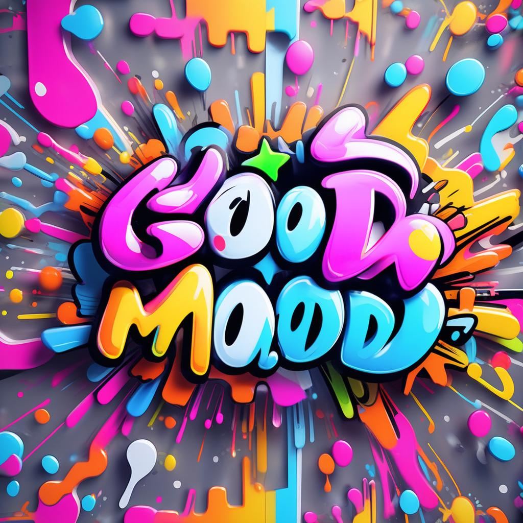  graffity art phrases"good mood" in movie theme, 4k, high resolution, ray tracing, detaleed, front view, movie background