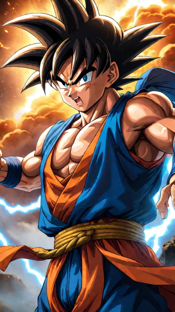  anime art: goku's rage unlocks new ki level, protecting friends with intense energy. hyperrealistic, full body, detailed clothing, highly detailed, cinematic lighting, stunningly beautiful, intricate, sharp focus, f/1. 8, 85mm, (centered image composition), (professionally color graded), ((bright soft diffused light)), volumetric fog, trending on instagram, trending on tumblr, HDR 4K, 8K