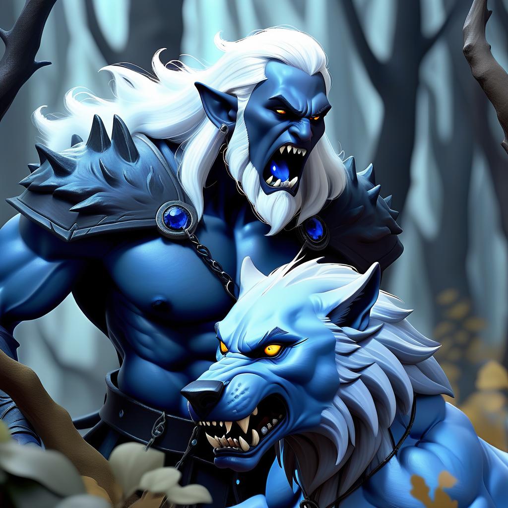  dreamscape evil giant dire wolf with black crystal in his chest confronts drow elf with blue skin and white hair, elf was caught off guard, wolf inted to attack, fairy magic forest background, dream vibe . surreal, ethereal, dreamy, mysterious, fantasy, highly detailed