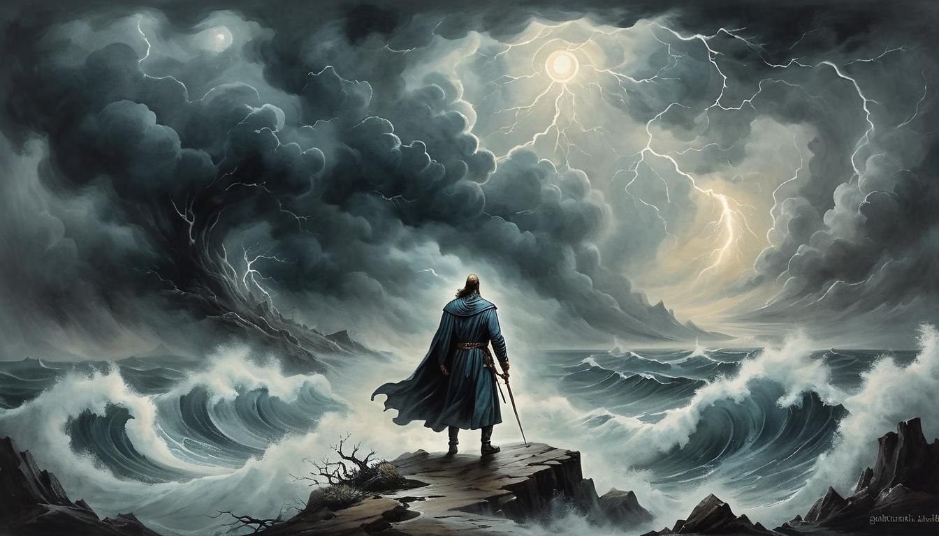  on parchment, surrealism+++, confident figure walking through a storm, surrounded by divine light, invincible aura, stormy backdrop(mysterious, provocative, symbolic,muted color)+++