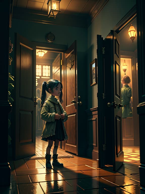  master piece, best quality, ultra detailed, highres, 4k.8k, Young , Standing in a hallway, Innocent, BREAK Young sold to a by her parents., Inside a , Dimly lit lamps, wooden doors, small window, BREAK Somber, and slippery floors, dim lighting, cart00d