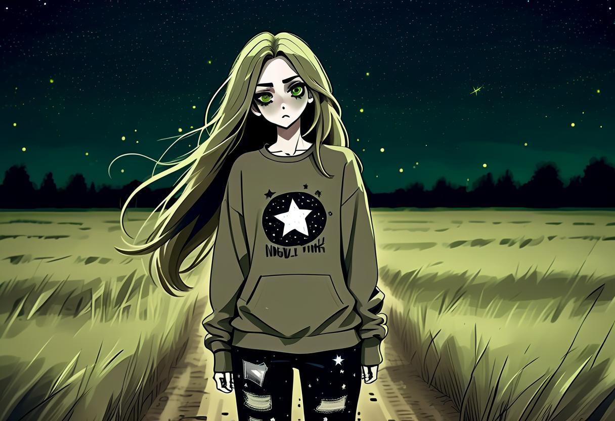  grunge style a girl in anime style with long hair runs around the field at night dressed in a khaki colored sweatshirt and pants. the girl looks at the starry sky at night with black lower eyelids under the eyes of a specific color full of fear of the unknown and curiosity. . textured, distressed, vintage, edgy, punk rock vibe, dirty, noisy