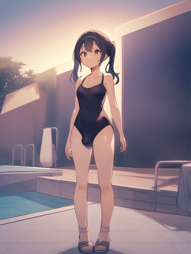  women's elementary students (male), twin tails, cute smiles, (rich s), low stature, dark blue swimwear, old swimwear, , simple, (upward), upward, (bulge), front, whole body, pool side ,,,