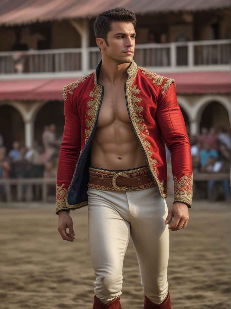  (male) human, (((masterpiece))), (((best quality))), (((a arafed american attractive man muscled dude young bullfighter posing for a photo style full body))), (((face and eyes perfects and details))), (((jacket and pant))), stud, handsome, stunning, extremely high details, exquisite detail, 30 megapixel, 4k, 85 mm lens, sharp focus, f:8, iso 100, shutter speed 1:125, diffuse back lighting, award winning photograph, high sharpness, natural lighting, dramatic lighting, photo shopped, ((masterpiece)), ((best quality)), (skin and body ultra detailed), beautiful art, artistic, realistic, ((unity 8k wallpaper)), beautiful, ((ultra high resolution)), good composition, good art, scenery, cinematic, fantastic background,