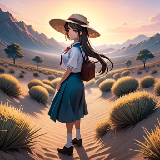  (score 9), score 8 up, highres, 1girl, anime, school uniform, straw hat, desert hyperrealistic, full body, detailed clothing, highly detailed, cinematic lighting, stunningly beautiful, intricate, sharp focus, f/1. 8, 85mm, (centered image composition), (professionally color graded), ((bright soft diffused light)), volumetric fog, trending on instagram, trending on tumblr, HDR 4K, 8K