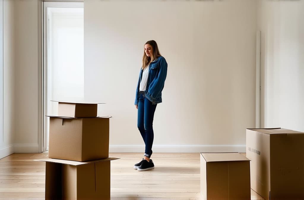  professional detailed photography, a girl stands in an empty apartment, paper boxes on the floor, moving. bright room ar 3:2, (muted colors, dim colors, soothing tones), (vsco:0.3)