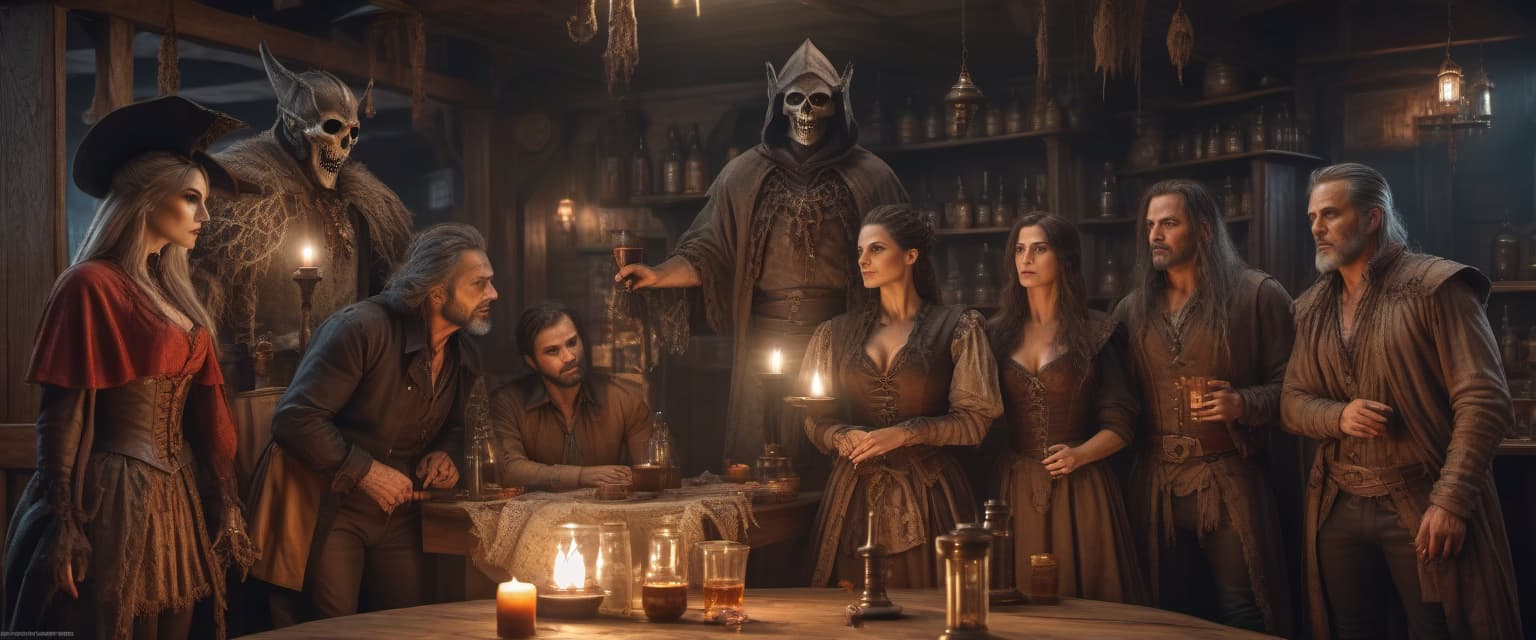  horror themed fantasy heroes are standing in the tavern at the table . eerie, unsettling, dark, spooky, suspenseful, grim, highly detailed, hkmagic hyperrealistic, full body, detailed clothing, highly detailed, cinematic lighting, stunningly beautiful, intricate, sharp focus, f/1. 8, 85mm, (centered image composition), (professionally color graded), ((bright soft diffused light)), volumetric fog, trending on instagram, trending on tumblr, HDR 4K, 8K