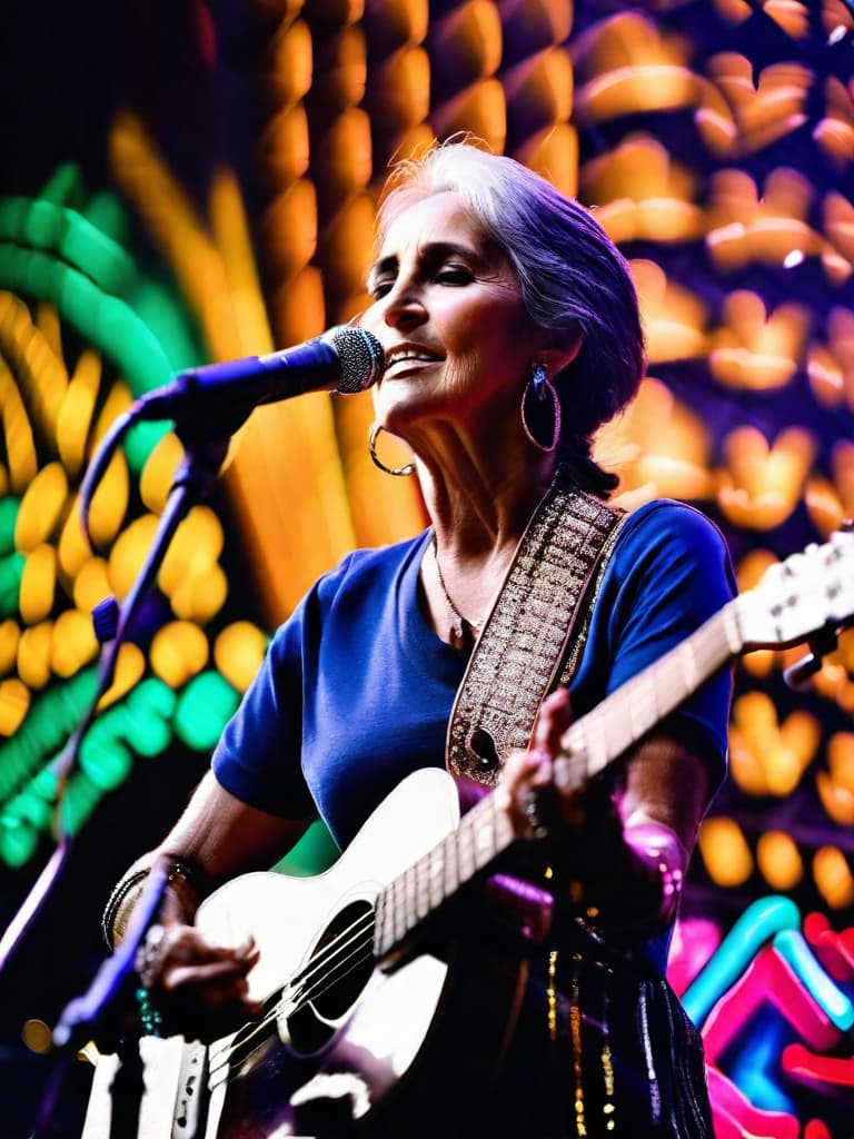  A younger Country singer Joan Baez, medium shot, upper body, spotlight, long exposure lighting, street art style spray paint, glamour lighting