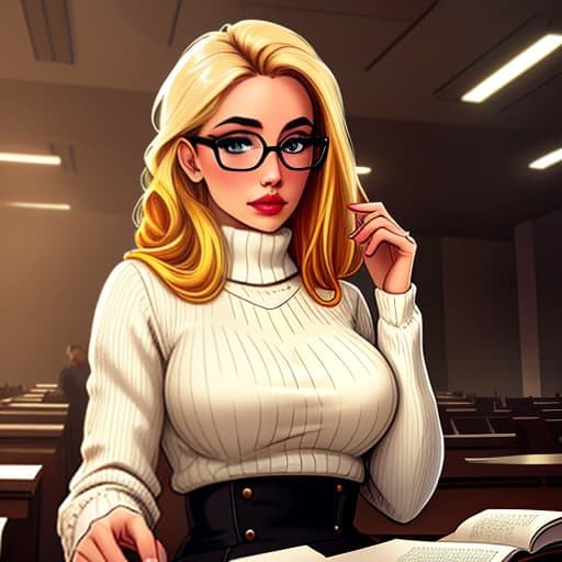  a beautiful blond girl in the sweater and in the glasses, sitting in a lecture classroom hyperrealistic, full body, detailed clothing, highly detailed, cinematic lighting, stunningly beautiful, intricate, sharp focus, f/1. 8, 85mm, (centered image composition), (professionally color graded), ((bright soft diffused light)), volumetric fog, trending on instagram, trending on tumblr, HDR 4K, 8K