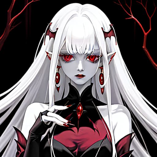  a vampire with marble white skin, white hair with a red strand in her bangs, eyes with a red gleam the color of rubies, a mole under her eye, dressed in a red dress with a cutout on the . her hair is loose and curls at the ends. in her right ear is a crescent shaped earring. a hand with long red nails. one hand is near her face, while the other hand is not visible. in the background is a dark, dense forest.