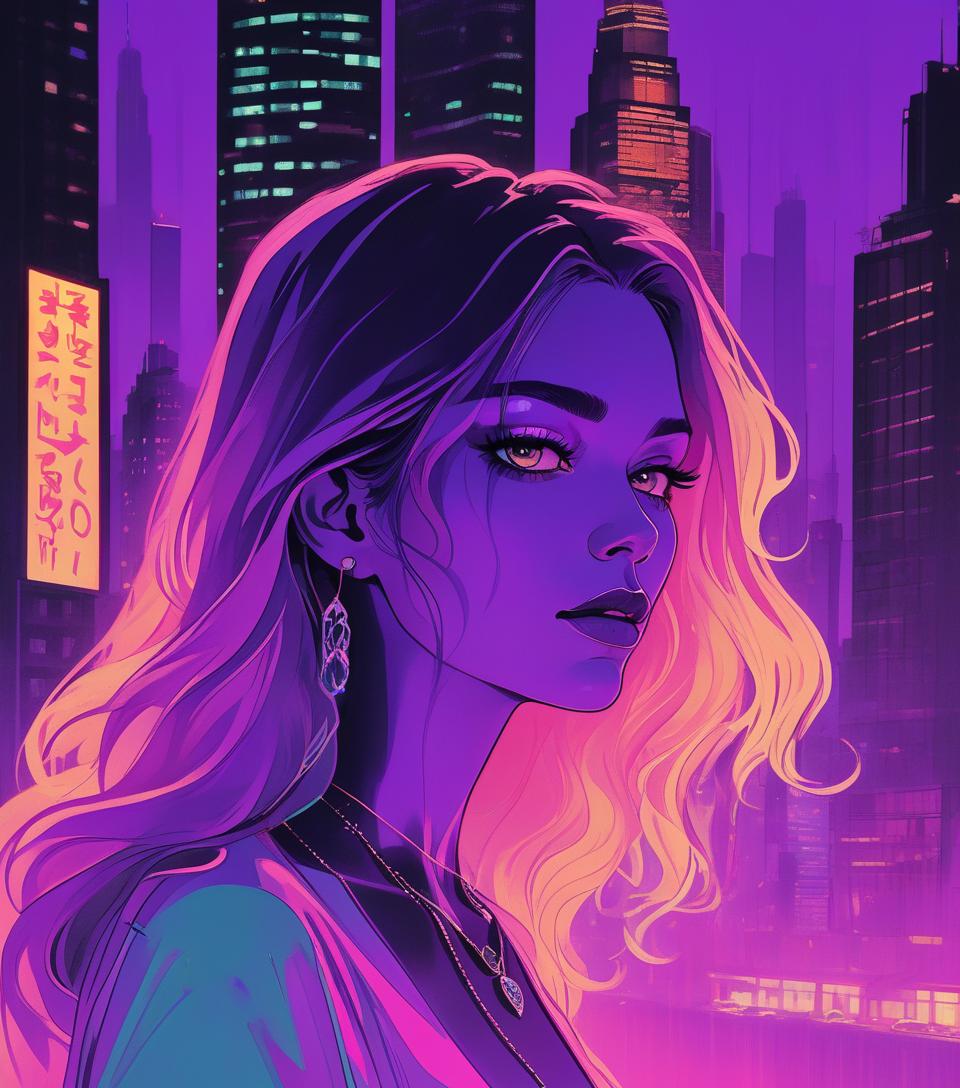  a foggy and vibrant neon colors scene with the silhouette of a woman's face emerging from the background. the woman's face has long, wavy hair and wears a necklace. the background contains a cityscape with tall buildings. the scene has a purple hue.