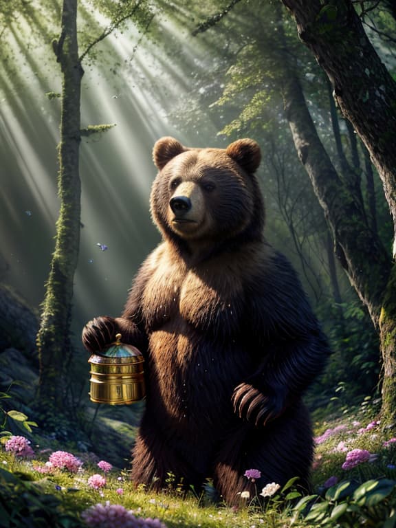  master piece, best quality, ultra detailed, highres, 4k.8k, bear, standing in a forest clearing, surrounded by flowers, holding a honey pot, and looking curious., curious, break a bear with polka dotted fur., forest clearing, flowers, honey pot, break serene, sunlight filtering through the trees, creating dappled light on the bear's fur.,