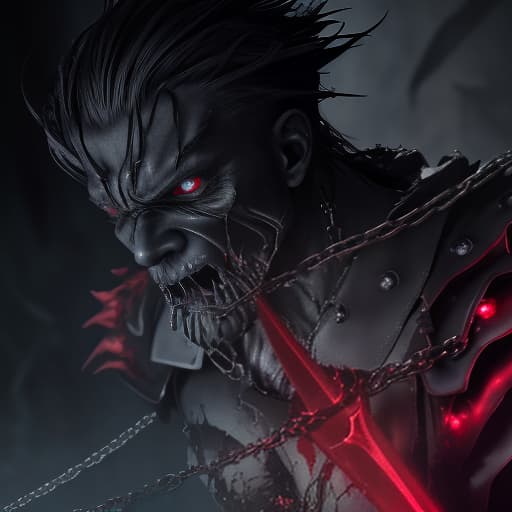  a close up of a red light in a dark room, unlimited blade works, wearing chains, animated still, from overlord, streaming, transforming into his final form, dark nature background, epic image, locklegion, mood scary, high damage, poggers, “ anime, 2 0 1 9 anime, luminous veins, anger. hyper detailed