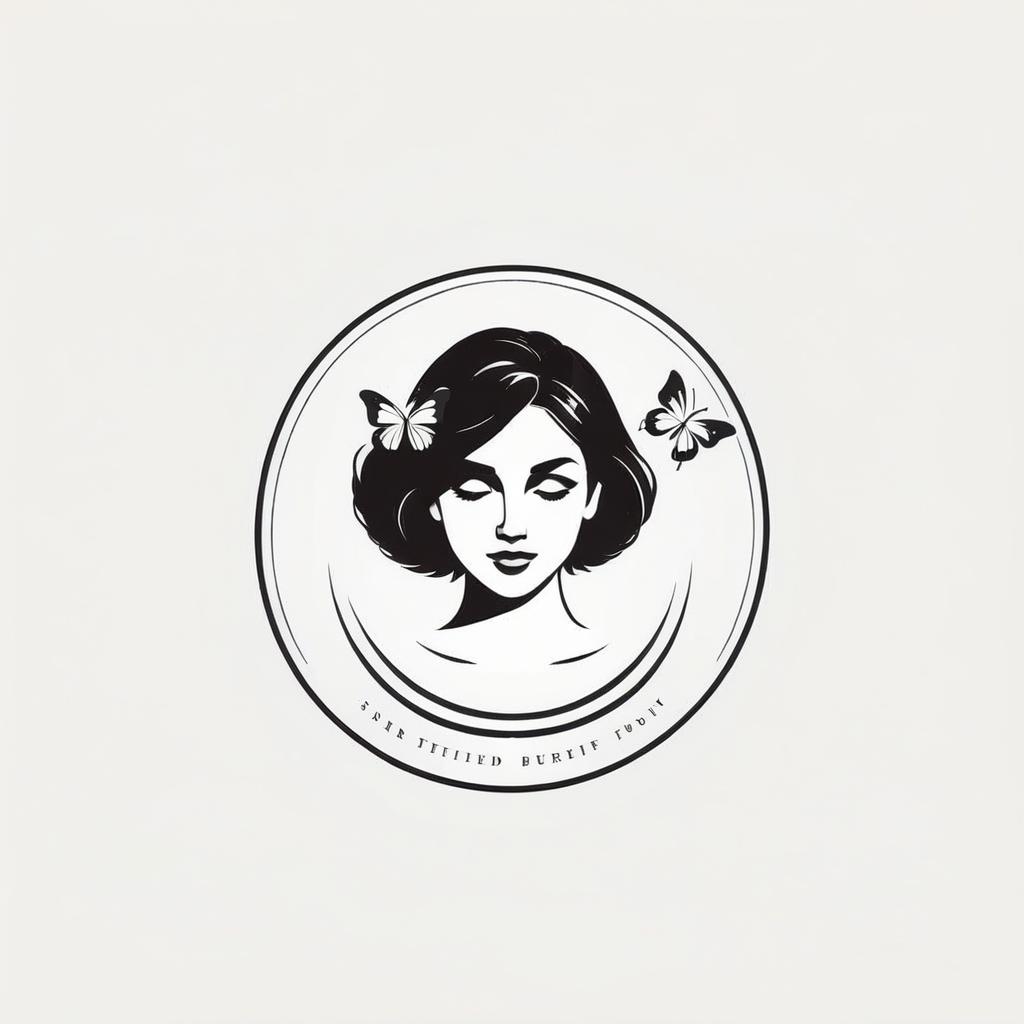  a gentle girls face as a center of a butterflies body, (logo), elegant, chic, stylish, sophisticated, high fashion, modern serif font, monochrome, simple, iconic