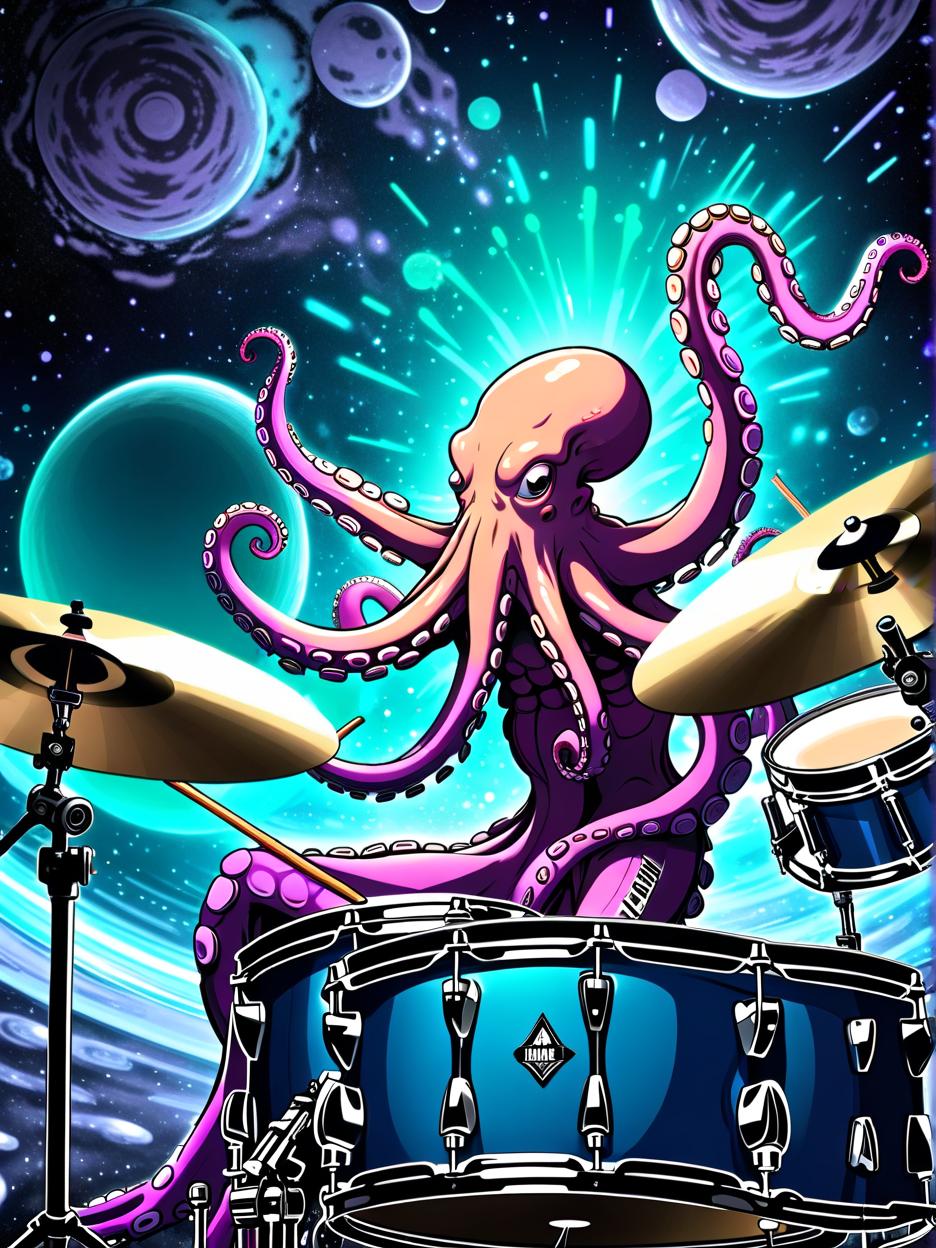  manga artwork glow in the dark octopus playing drumkit in space. manga artist. manga, highly emotional. best quality, high resolution