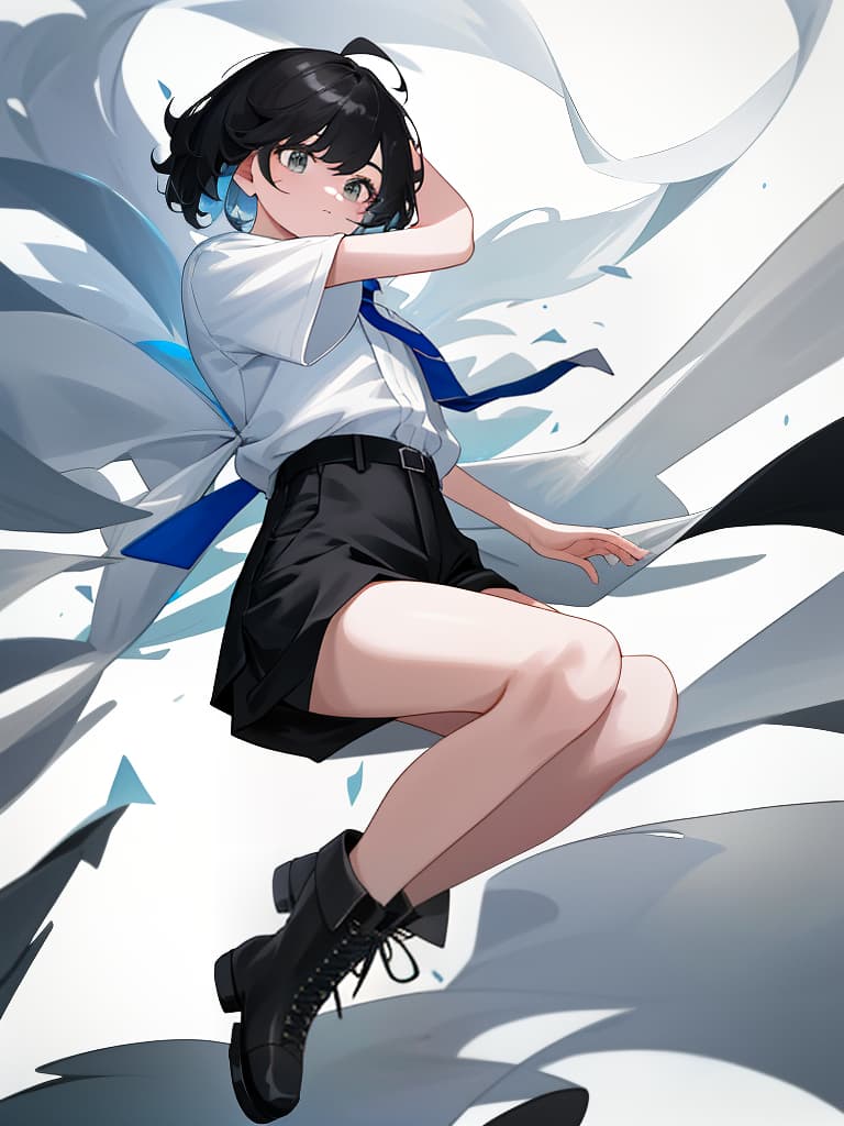  boyish girl, white shirt, tie, boots, black shorts, masterpiece, best quality,8k,ultra detailed,high resolution,an extremely delicate and beautiful,hyper detail