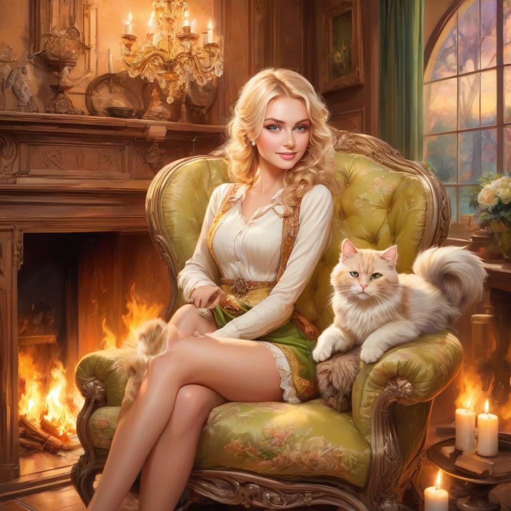  beautiful girl blonde, with attractive green eyes, elegantly and relaxed sits in a chair, she has a cat curled up in a tangle on her legs, next to fireplaces, chandeliers, various interior details, fire yellow tones, cozy house, warm lighting, excellent quality, high detail