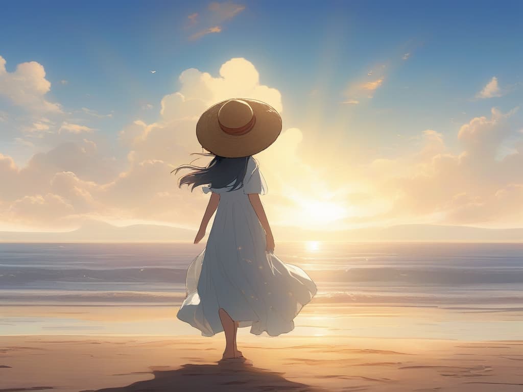  one girl, straw hat, white dress, raising hands, front, whole body, one legged standing, beach, sun