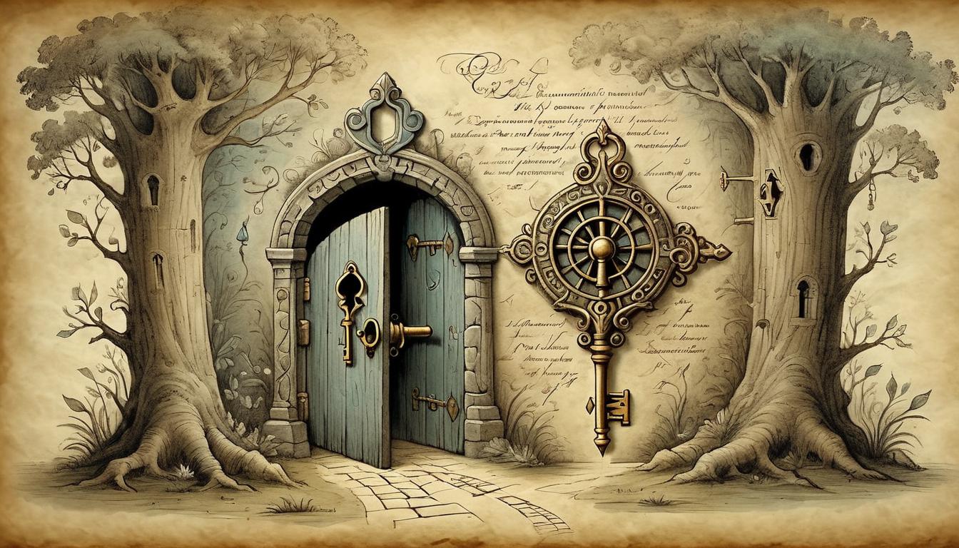  on parchment, surrealism+++, ancient key unlocking a hidden door, secrets revealed, mystical light(mysterious, provocative, symbolic,muted color)+++