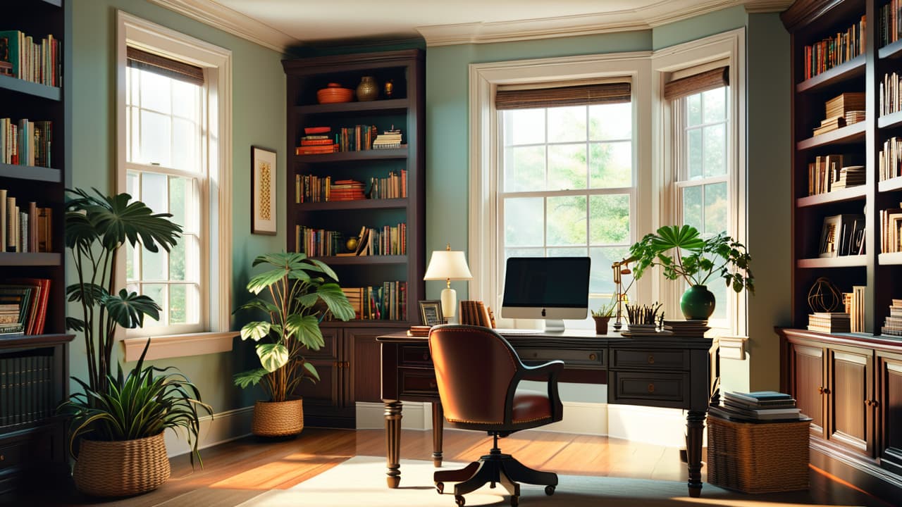  a serene home office with a stylish desk, ergonomic chair, lush indoor plants, soft natural light streaming through a window, and organized shelves filled with books and inspiring decor. hyperrealistic, full body, detailed clothing, highly detailed, cinematic lighting, stunningly beautiful, intricate, sharp focus, f/1. 8, 85mm, (centered image composition), (professionally color graded), ((bright soft diffused light)), volumetric fog, trending on instagram, trending on tumblr, HDR 4K, 8K