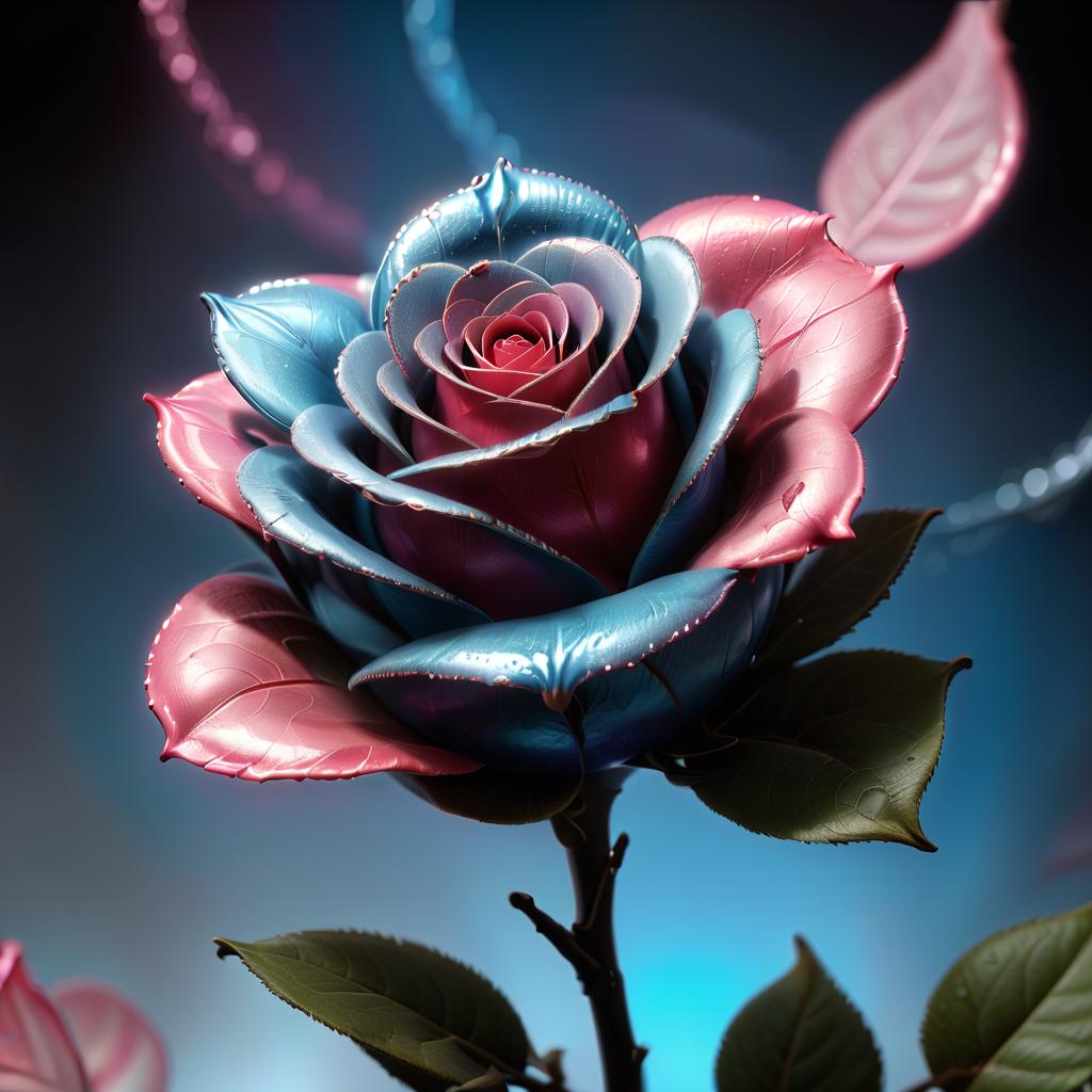  create an abstract 3d model of a rose bud without a stem. use glass, silver and mercury as the main material. petals should have many bright highlights of blue and pink neon color. around the bud in the air should fly bright bubbles of mercury fuzzy shape. the background must be black. near the rose should be an abstract mercury cloud ring, creating a levitation effect. style 3d character, civitai, hkmagic