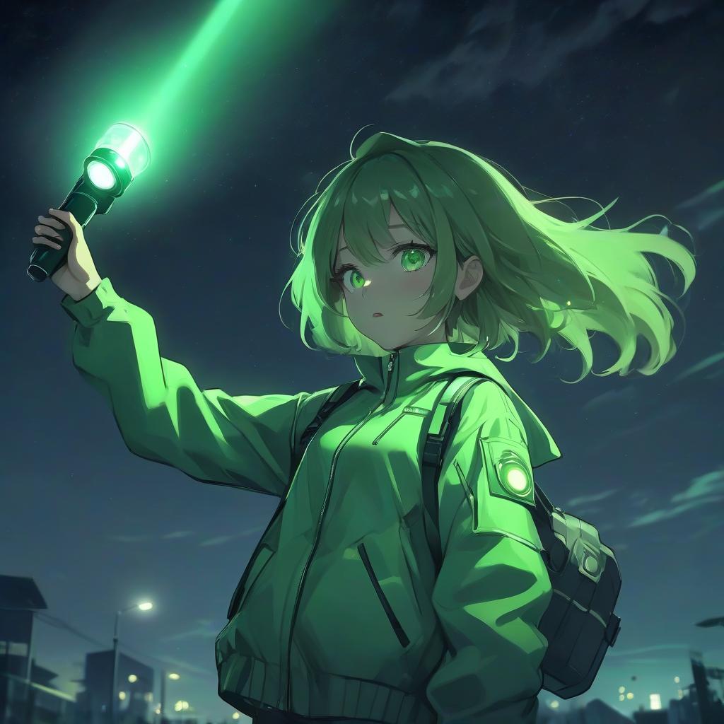  girl in anime style in a green jacket with a flashlight in her hands, green color, night, bright light, ufo in the sky