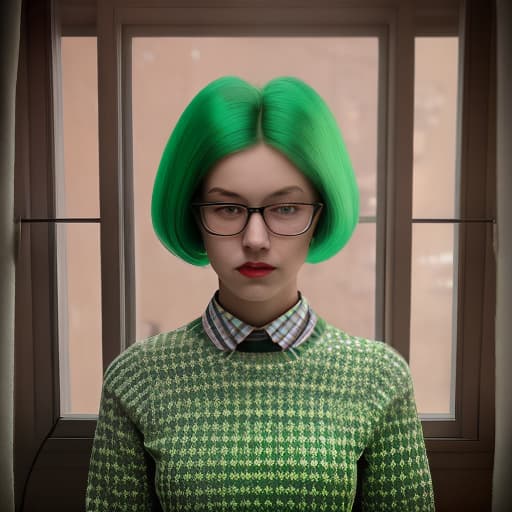 redshift style Woman in green sweater and checkered skirt posing for photo in front of window with hair in tail, MilaAzul, optical illusion, cute, color photography