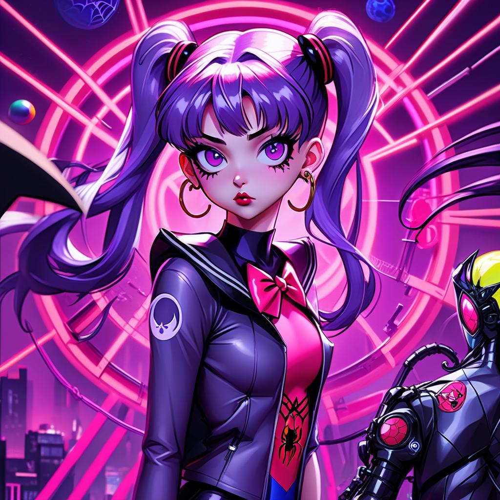  anime artwork gothic style, anime, girl with purple hair, one ponytail on her head, sailor moon costume, gwen stacey costume, spider, spider man, cyberpunk, neon, gothic makeup, frowny face . anime style, key visual, vibrant, studio anime, highly detailed, hkmagic