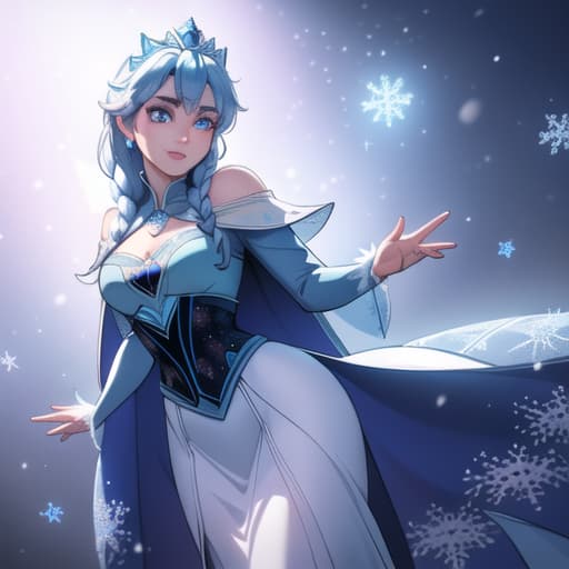  (#Disney CGI style), (masterpiece, best quality, highres:1.2), (#Disney CGI style), (intricate and beautiful:1.2), (detailed light:1.2), (soft lighting, side lighting, reflected light), (colorful, dynamic angle), Disney (Elsa of Arendelle) dark cape, dark dress, fur trim, single braid, snowflake pattern, smile, big eyes, snow hyperrealistic, full body, detailed clothing, highly detailed, cinematic lighting, stunningly beautiful, intricate, sharp focus, f/1. 8, 85mm, (centered image composition), (professionally color graded), ((bright soft diffused light)), volumetric fog, trending on instagram, trending on tumblr, HDR 4K, 8K