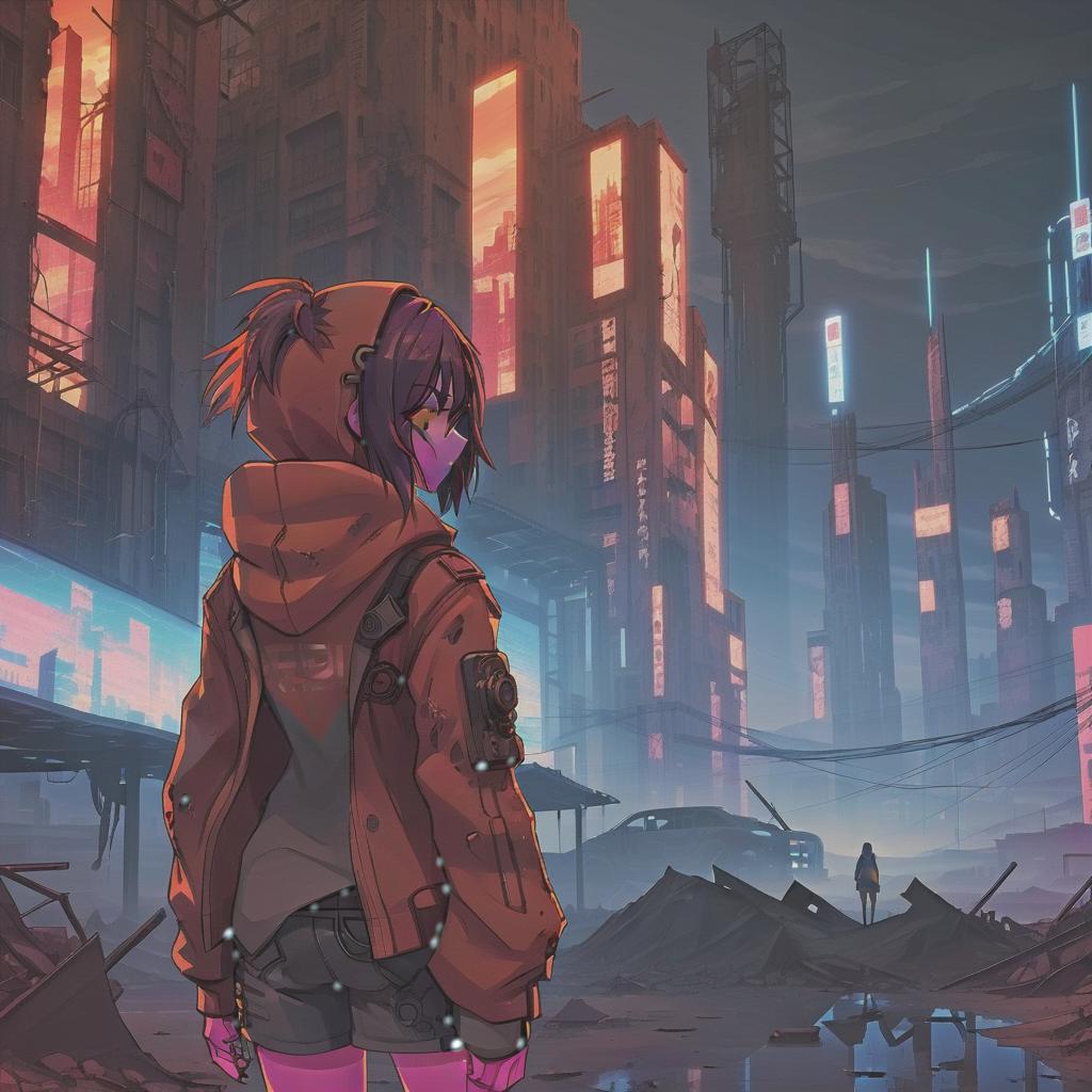  anime artwork image of post apocalyptic landscape, woman standing, in a clothes, the red sunset on the backround with a cyberpunk ruined buildings, in a orange desert, cyberpunk art, anime style . anime style, key visual, vibrant, studio anime, highly detailed