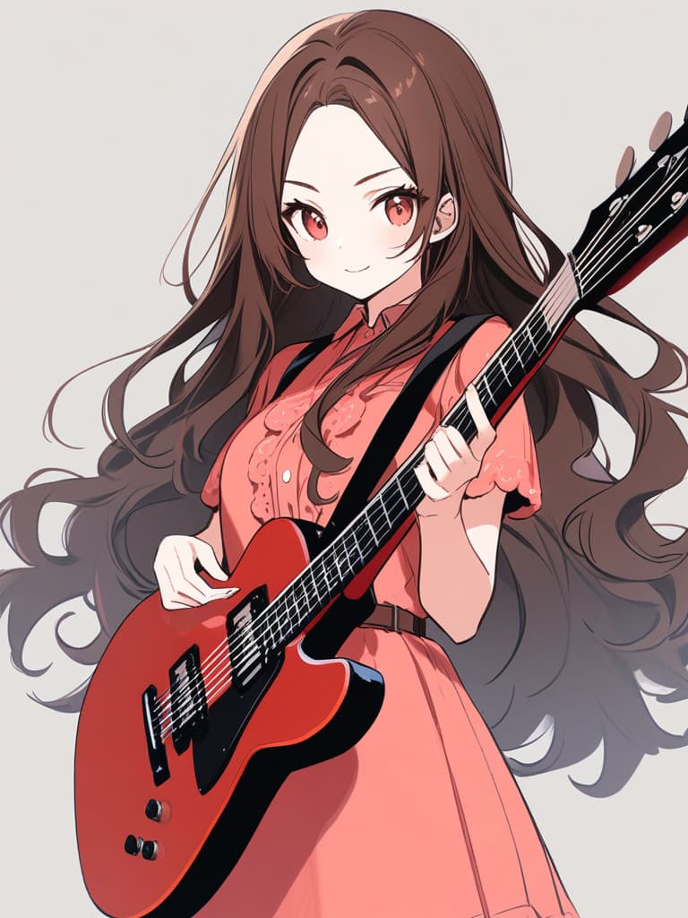  (beautiful girl:1.5)(brown hair:1.5)(long hair:1.7)(wavy hair:1.5)(with a electric guitar:1.7){in orange dress:1.5}(smile){playing guitar happily:1.7} master piece,high quality,16k,super analysis,correct finger position,correctnumber of