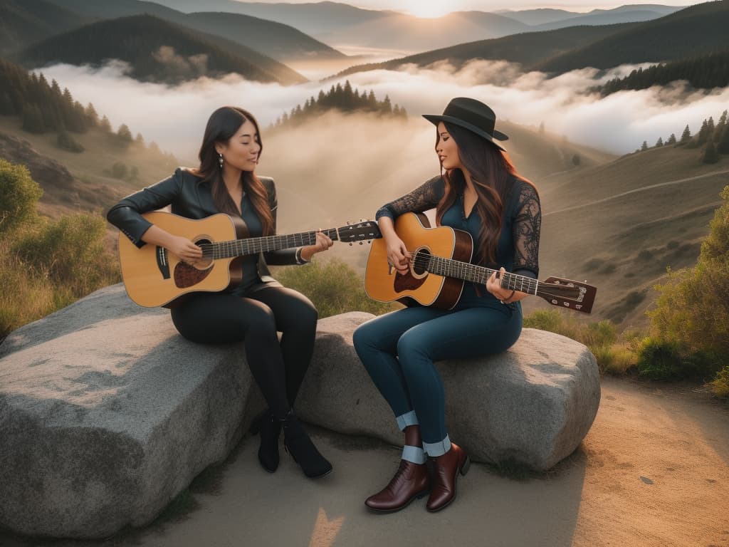  Guy playing guitar in a valley while sitting down and Woman dancing during sunset. hyperrealistic, full body, detailed clothing, highly detailed, cinematic lighting, stunningly beautiful, intricate, sharp focus, f/1. 8, 85mm, (centered image composition), (professionally color graded), ((bright soft diffused light)), volumetric fog, trending on instagram, trending on tumblr, HDR 4K, 8K