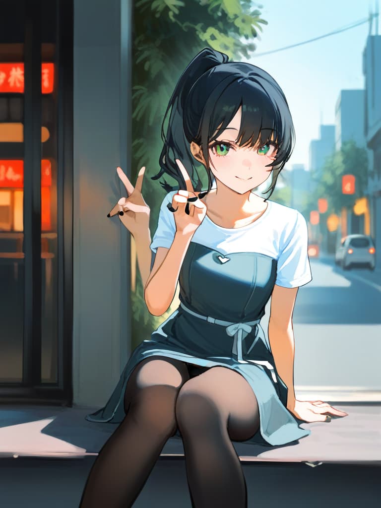  (✌peace pose:2.0)masterpiece,beautiful girl,nice body,(long legs:1.5)(ponytail:1.7)((wearing a knee length dress with white short sleeves:2.0))(smiling)((wearing a pitch black panty hose:2.2))(full length:1.7)(on the street:1.5)(sitting shallow on the guardrailsitting:1.7)(close up:1.5)high quality,16k